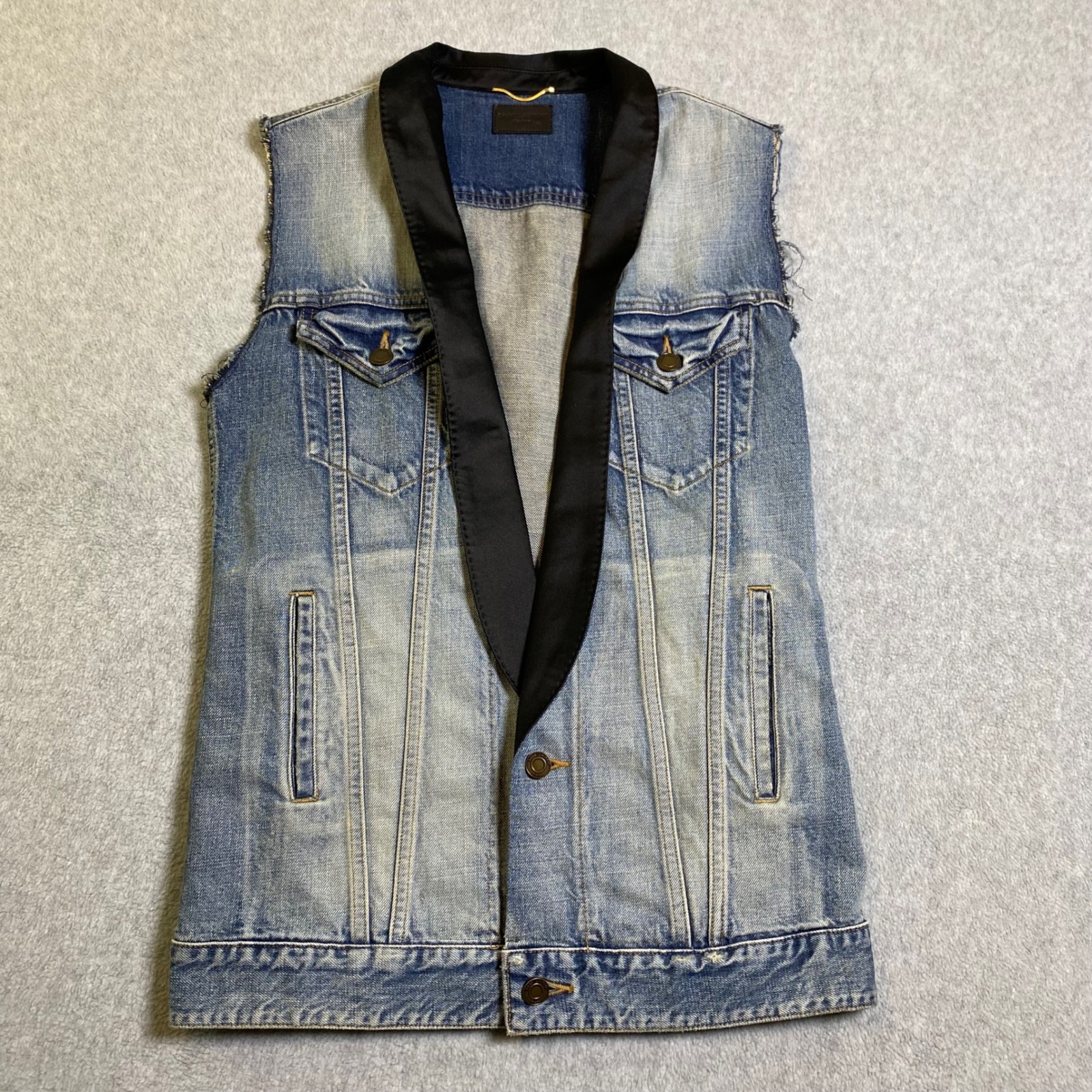 Saint Laurent Smoking Collar Denim Vest Women's Xs Rare Luxury Tuxedo Style Euc